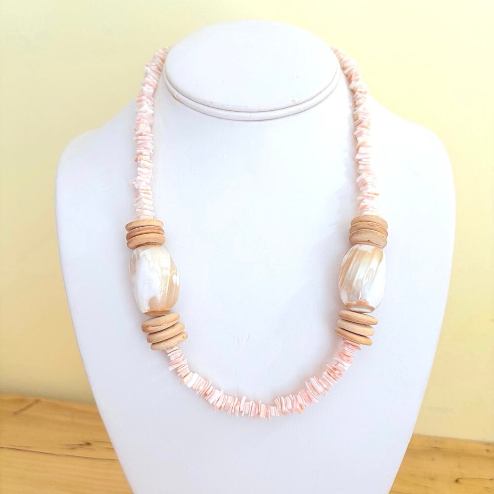Vtg Melo Melon Barrel Pink Puka Shell Wood Disk Necklace Statement Boho Retro